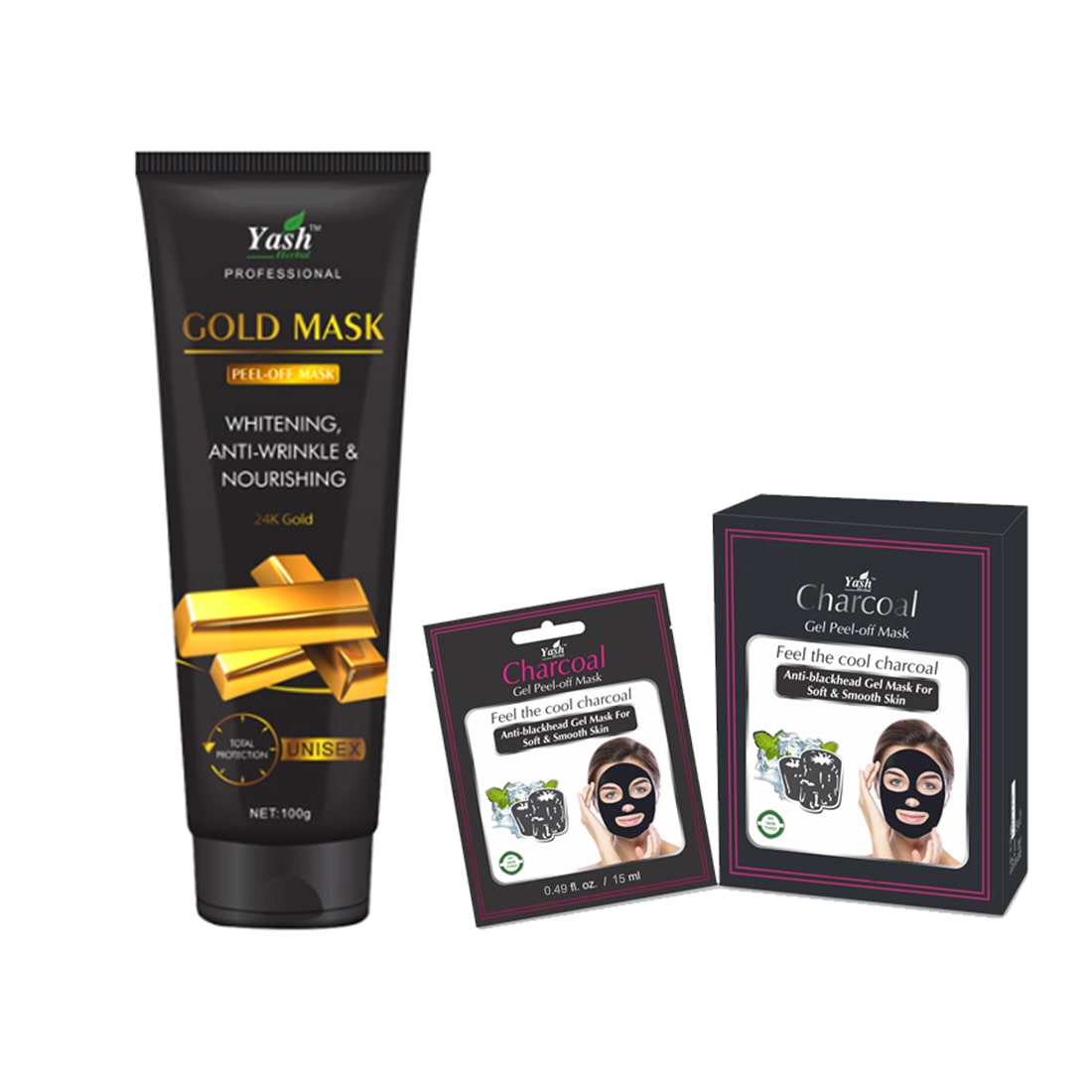 

Yash Herbal Total Protection Unisex 24K Gold Peel-off Mask (100g) with 1 Pouch Charcoal Anti-blackhead Gel Peel-off Mask(15 ml)