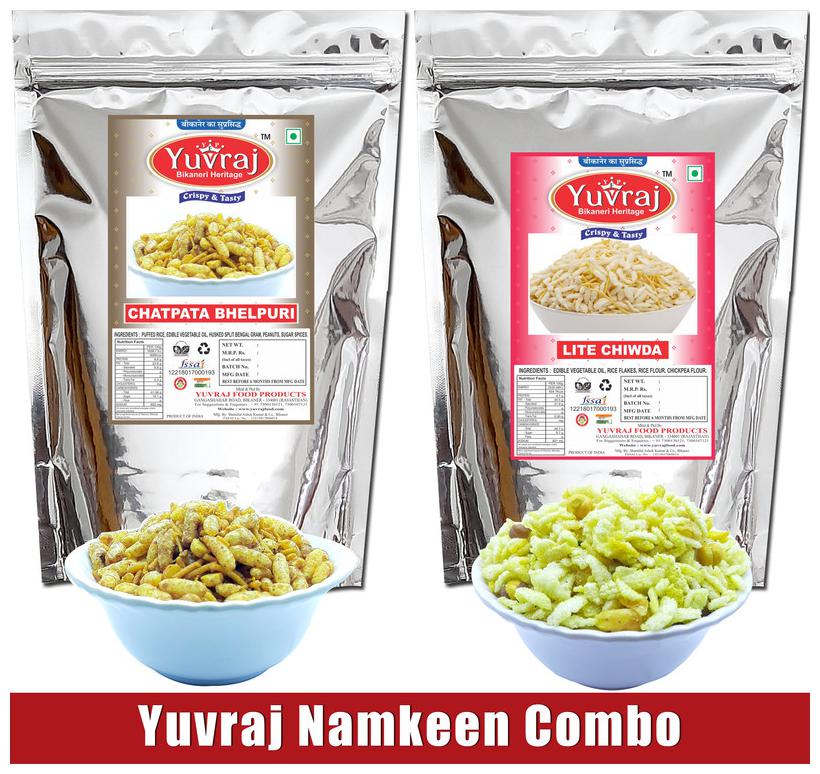 

Yuvraj Diet Chatpata Bhelpuri Chidwa Mixture Lite Bikaneri Snacks For Tea Time 400g (Pack Of 2)