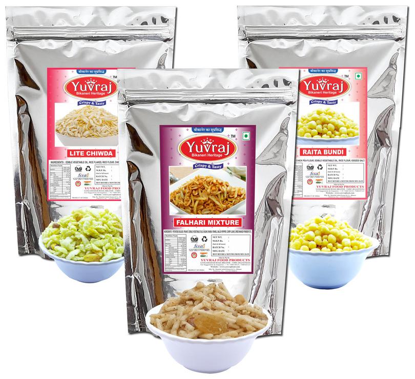 

Yuvraj Farsan Falahari Mix ( Aloo Mitha ) Chidwa Mix Raita Boondi Snacks For Time Pass 300g (Pack Of 3)