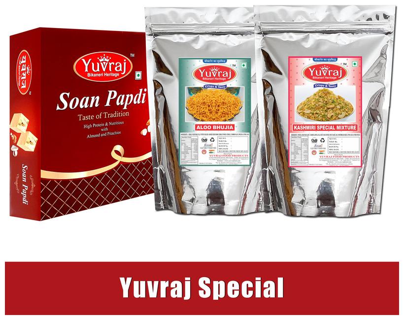 

Yuvraj Kashmiri Special Mixture 200g And Aloo Bhujiya 200g Soan Papdi Delicious Mithai 400g And Namkeen Combo (Pack Of 3)