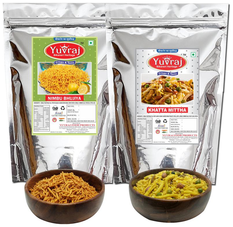 

Yuvraj Snacks Nimbu Bhujiya 350 g Khatta Meetha Mixture 350 g (Pack of 2)