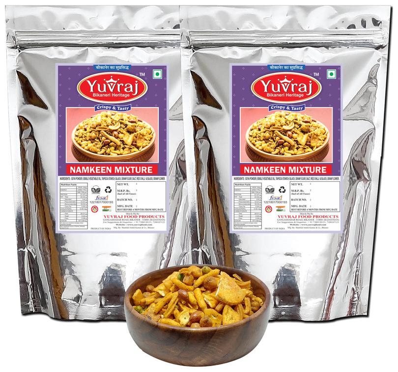 

Yuvraj Snacks Namkeen Mixture (Spicy Chatpata ) Bikaneri Hand Made Bhujiya Mixture 350 (Pack of 2)
