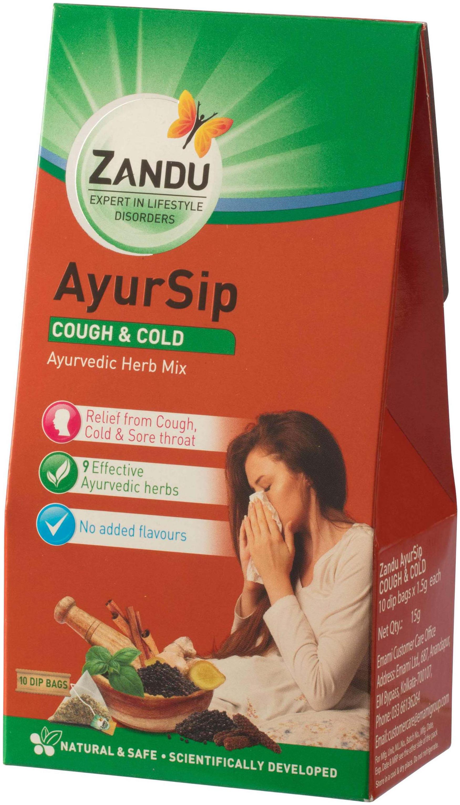 Buy Zandu Ayursip Cough & Cold Ayurvedic Herb Mix (10 Dip Bags) Online