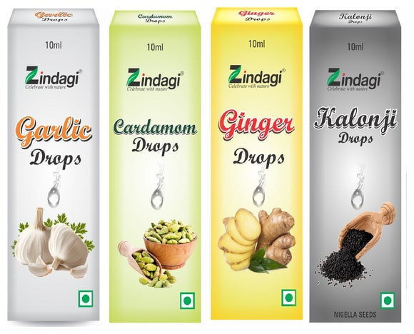 

Zindagi Ginger 10ml Garlic 10ml Kalonji 10ml and Cardamom Drops 10ml (Pack of 4)