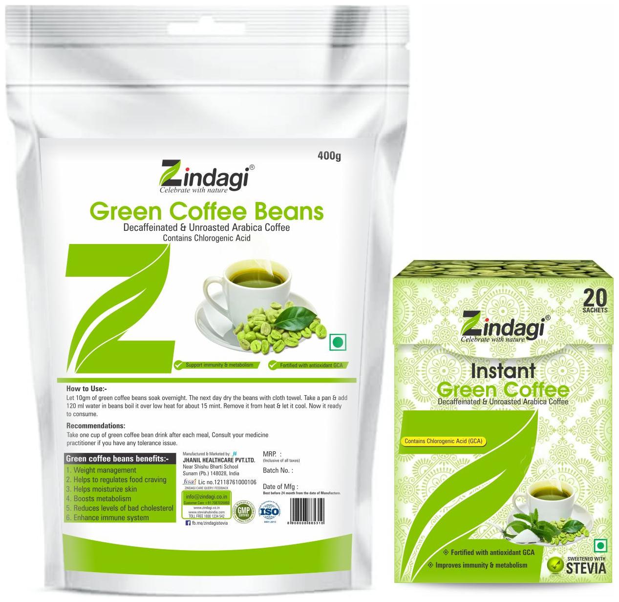 

Zindagi Instant Green Coffee Powder Green Coffee Beans - Sugarfree Green Coffee Sachets With Coffee Beans (Combo Pack)