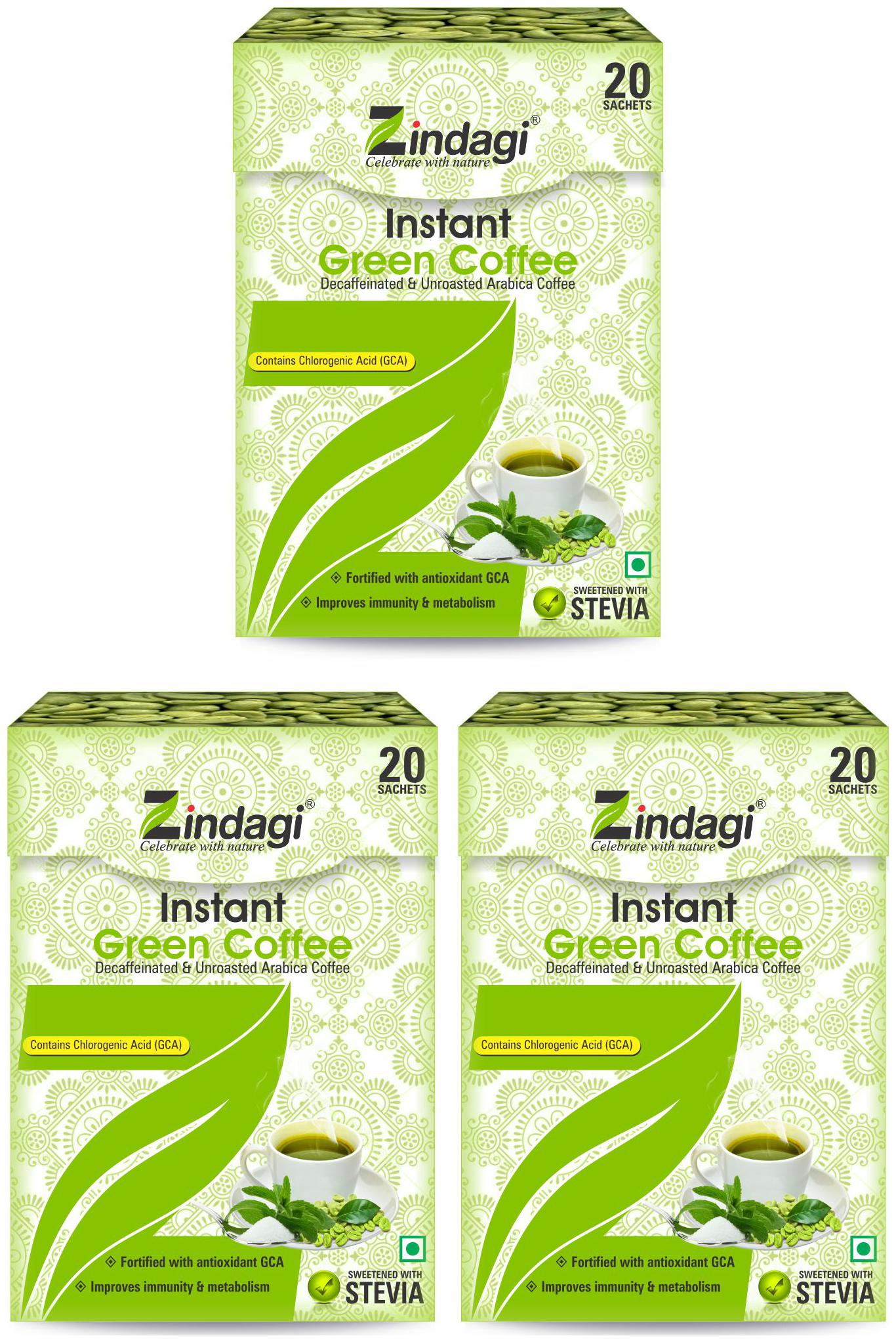 

Zindagi Green Coffee Powder - Instant Green Coffee Powder - Natural Coffee Powder Sachets - Pure Extract OF Green Coffee Beans (Pack Of 3)