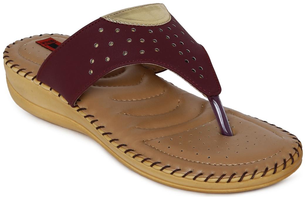 

1 WALK COMFORTABLE DR SOLE WOMEN--FLATS SANDALS FANCY WEAR PARTY WEAR ORIGINAL SLIPPERS CASUAL FOOTWEAR--MAROON