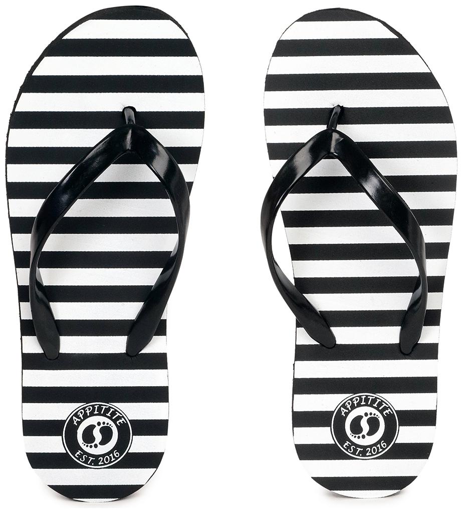 

Appitite White color strip Flip-Flop housing black slipper for women