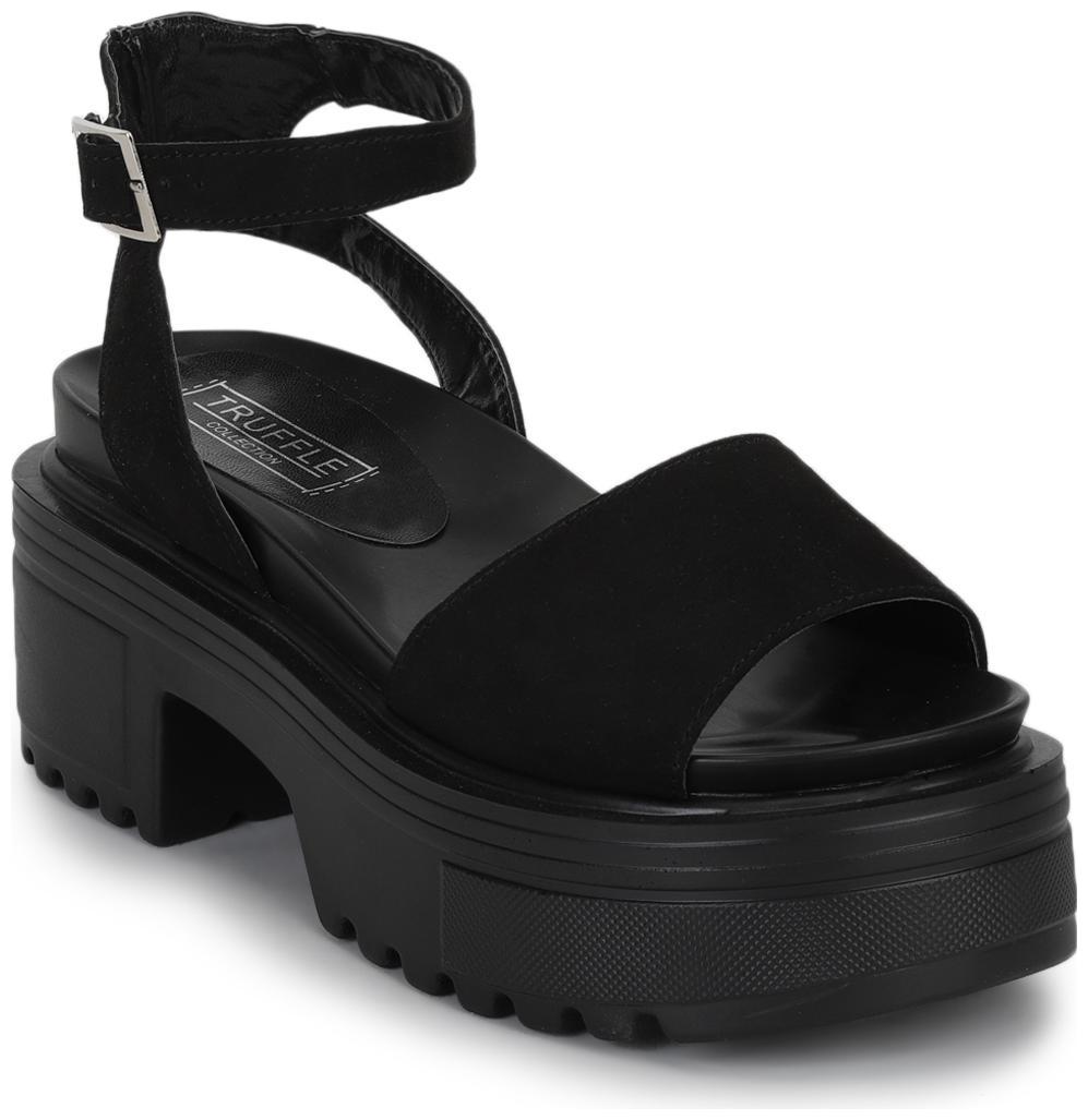 

Black Micro Cleated Bottom Ankle Strap Platform Block Heels