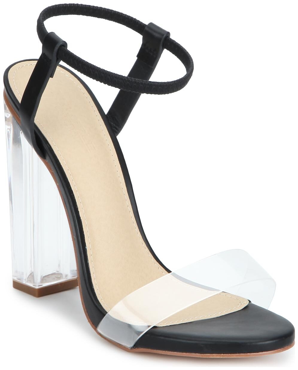 

Black PU Thin Ankle Strap Perspex Block Heels