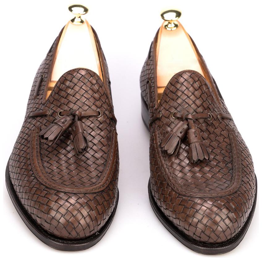 

COSTOSO ITALIANO BRAIDED BROWN LEATHER FORMAL TASSEL LOAFER DRESS SHOES FOR MEN