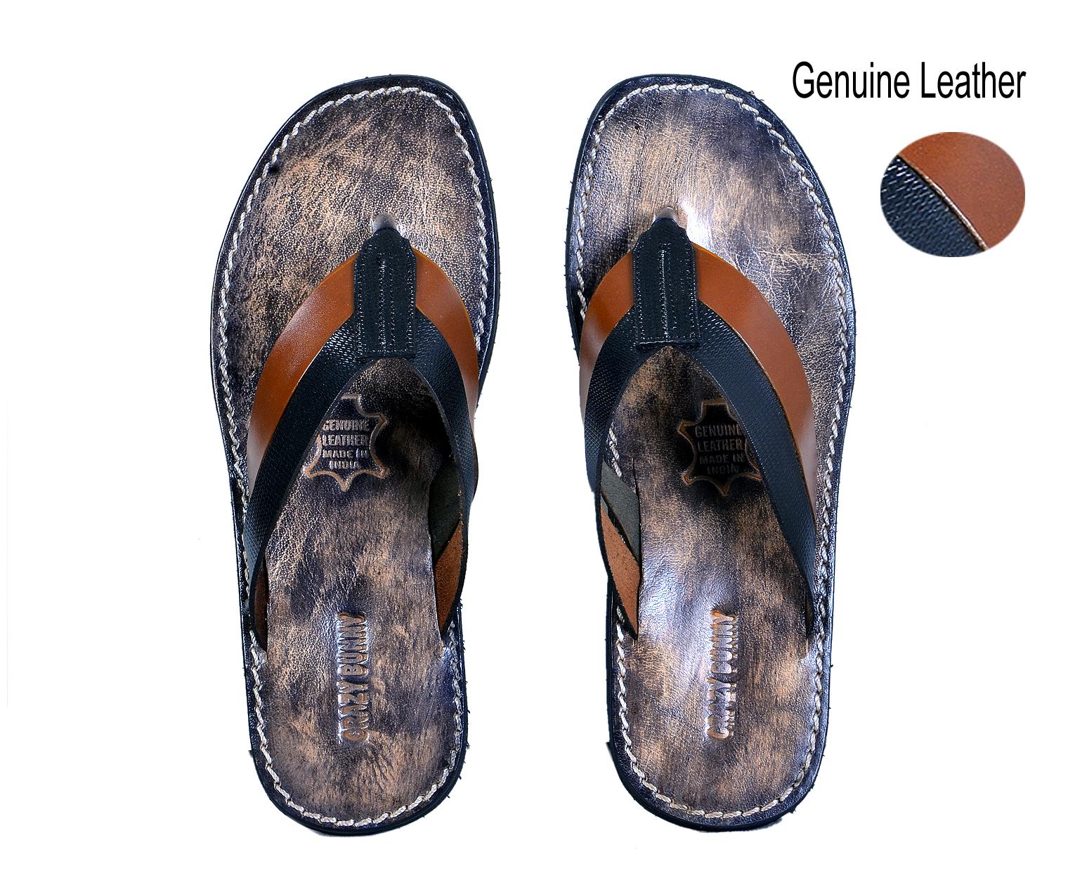 

Crazy Bunny Men Blue Brown Leather Slippers