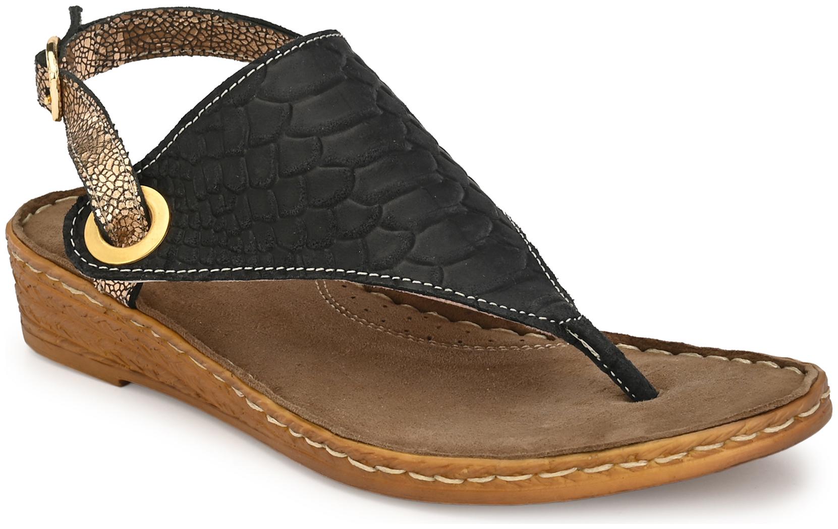 

Delize Leather- Black N Gold Womens Reptile Print Flat Sandals Espadrilles For Women (Black)