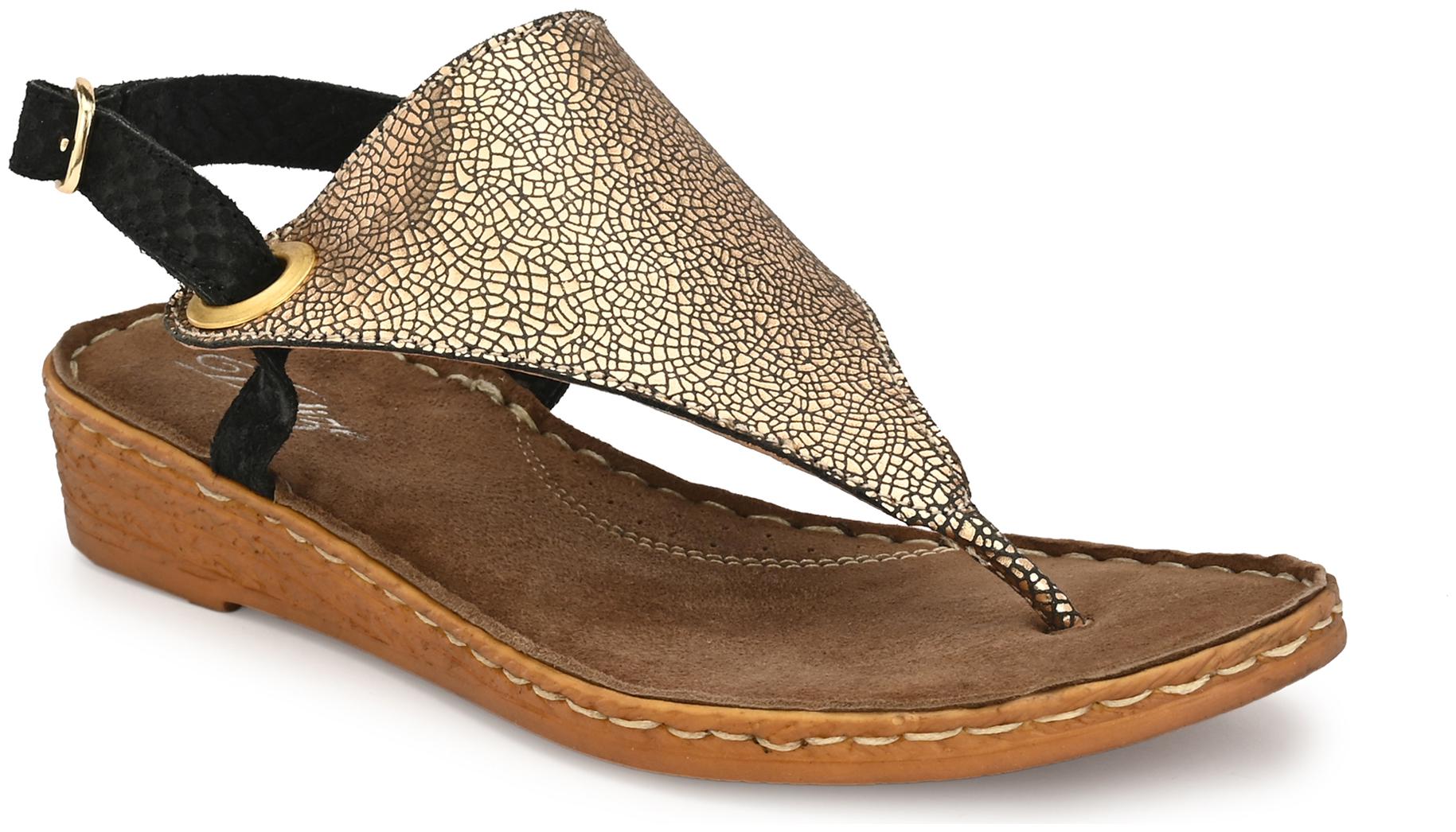 

Delize Leather- Golden And Black Women S Flat Sandals Espadrilles For Women (Gold)