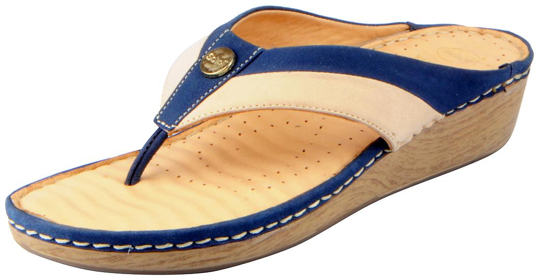

Dr Scholls Women s Blue Cream Leather House and Daily Wear Wedge Slippers