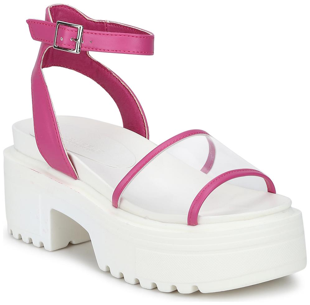

Fuschia Perspex Cleated Bottom Ankle Strap Platform Block Heels