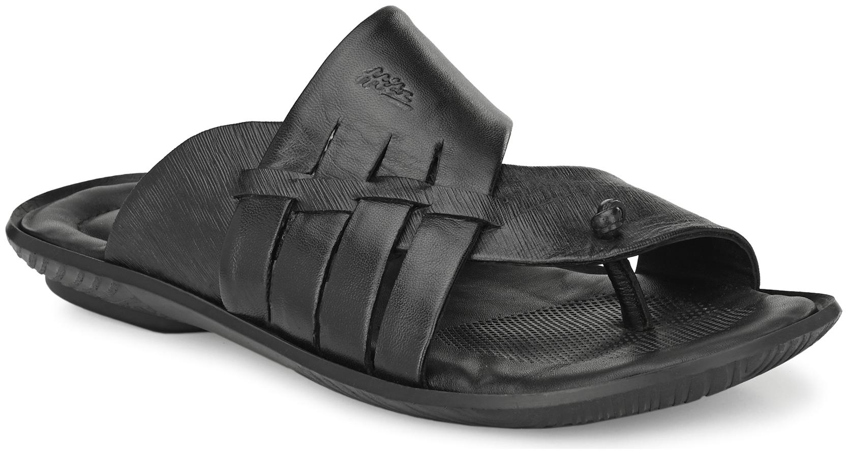 

Hitz Black Leather Textured Criss-Cross Toe-Ring Slippers