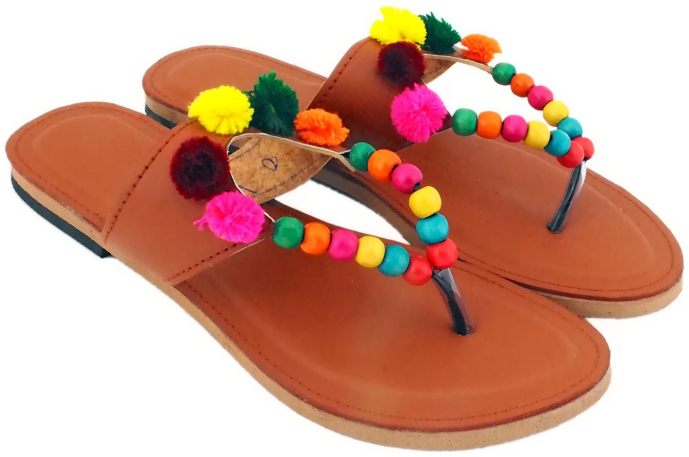 

Jaipuri Shop Women Girls Rajasthani V-Shape Pom Pom Wooden Beads Brown Ethnic Slippers Sandals WMO370-9