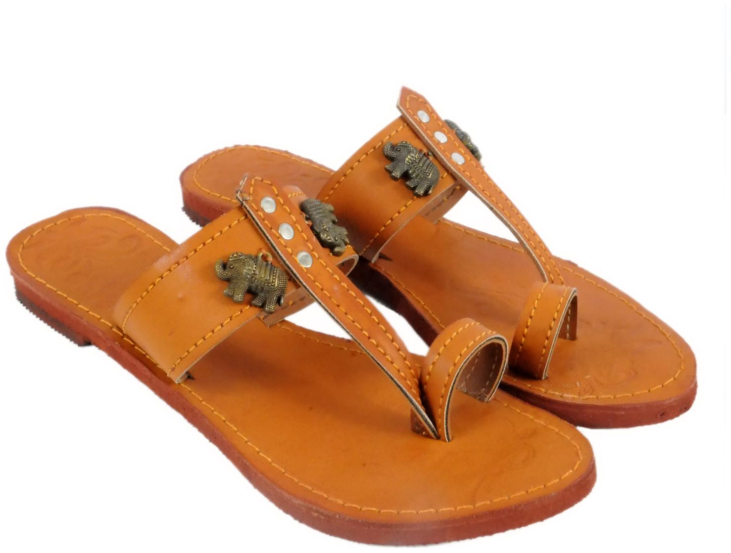 

Jaipuri Shop Women Girls Kohlapuri Elephant Stylish Tan Ethnic Slippers Sandals WMO363-5