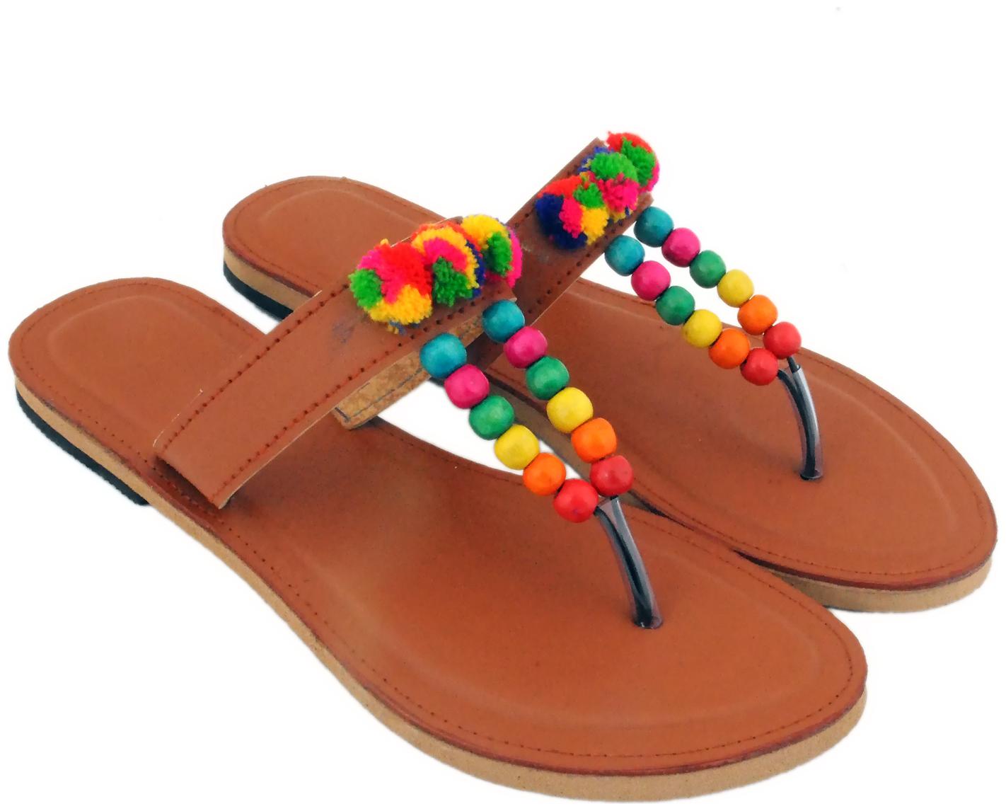 

Jaipuri Shop Women Girls Rajasthani Kohlapuri Pom Pom Wooden Beads Brown Ethnic Slippers Sandals WMO369-8