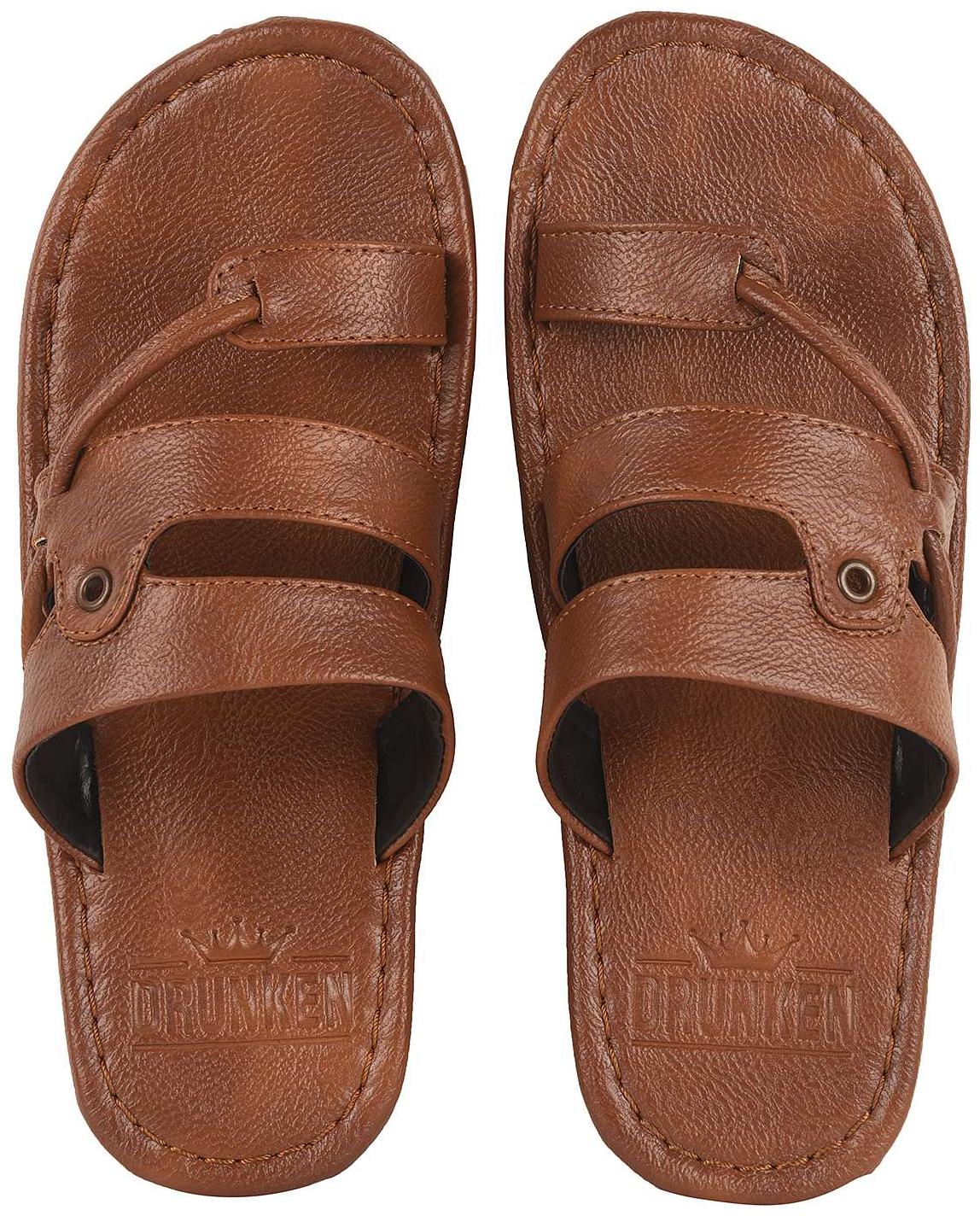 

DRUNKEN Mens Synthetic leather sliders Flat Toe Sandals Tan Size UK Ind - 9