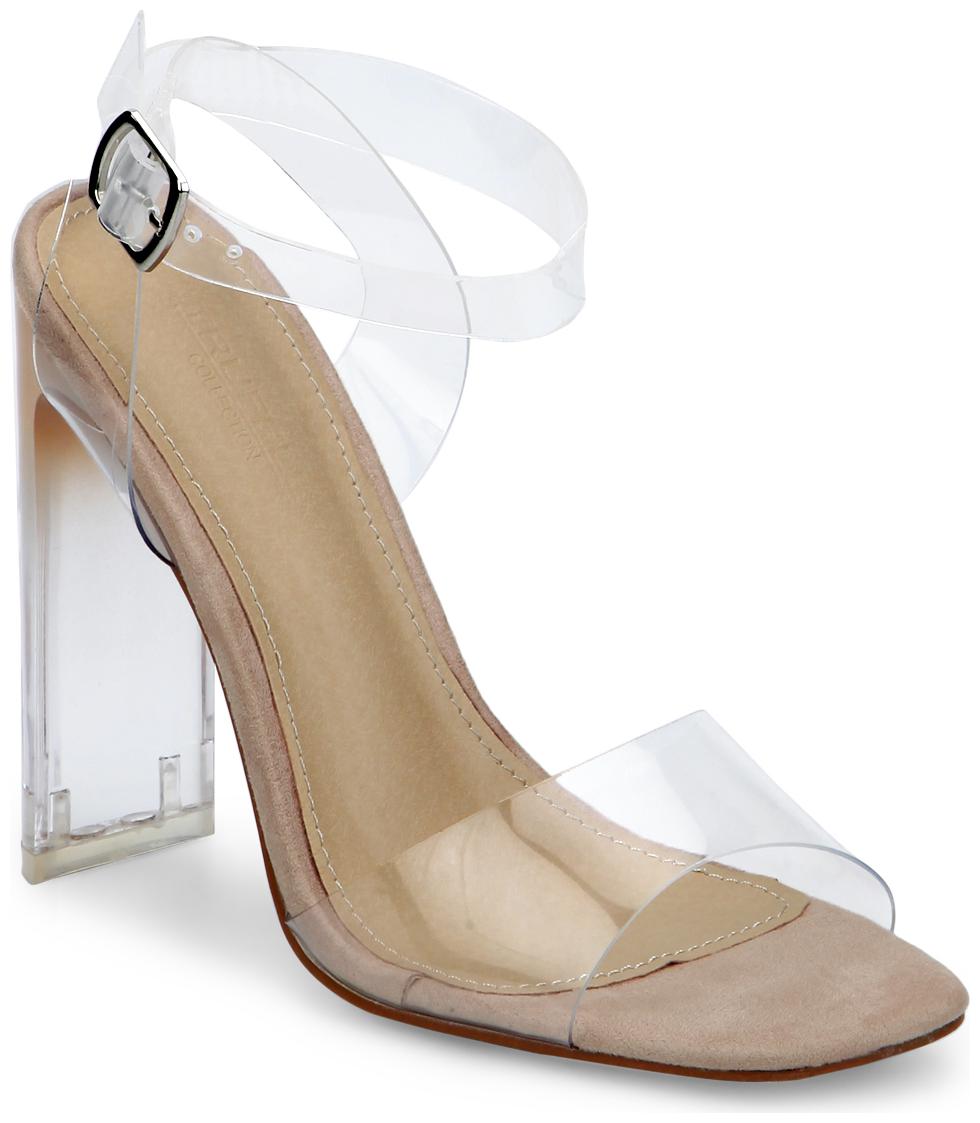

Nude Clear Ankle Strap Slim Block Heels