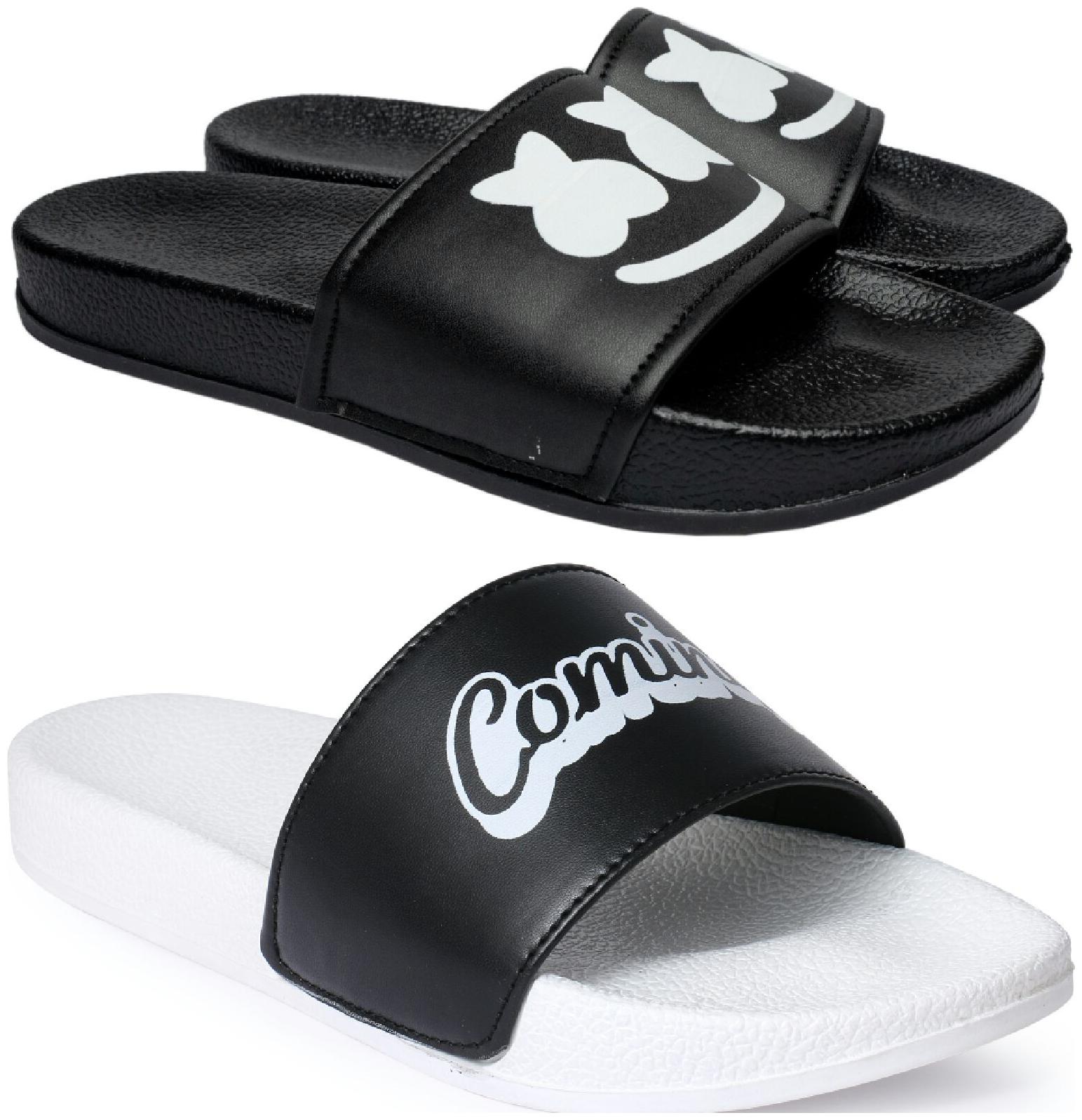

PERY-PAO Men Black White Sliders - 2 Pair