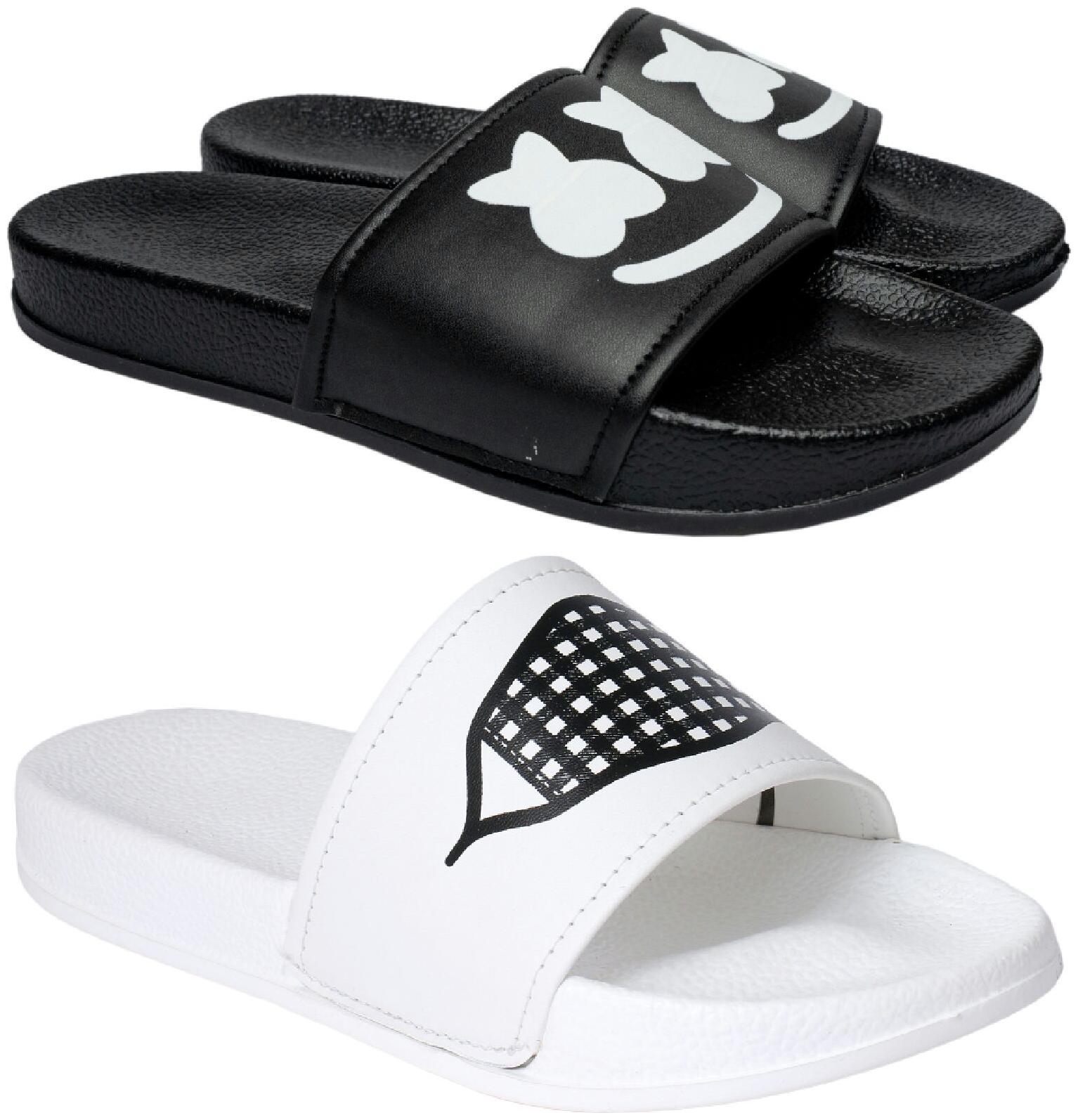 

PERY-PAO Men Black White Sliders - 2 Pair