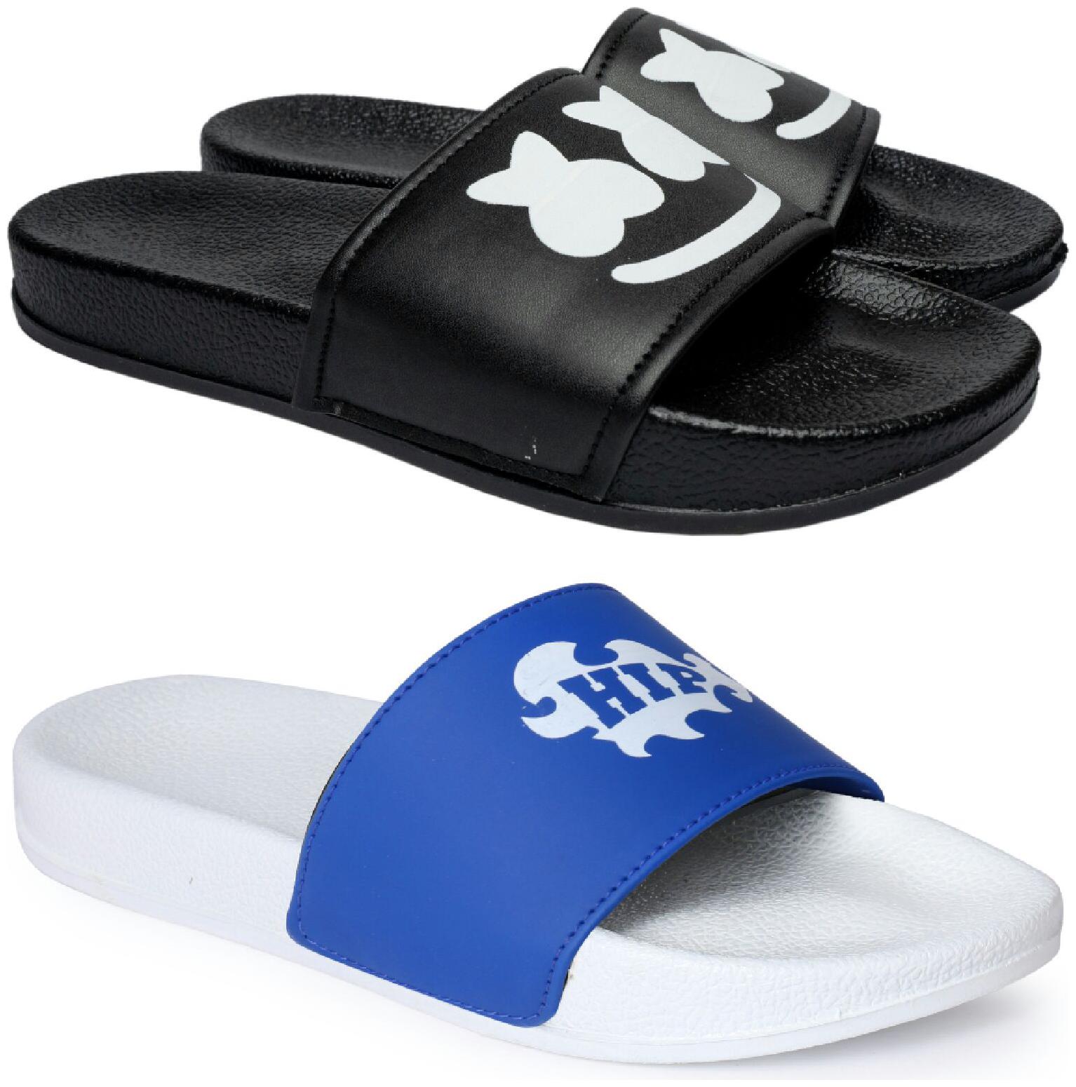 

PERY-PAO Men Black White Sliders - 2 Pair