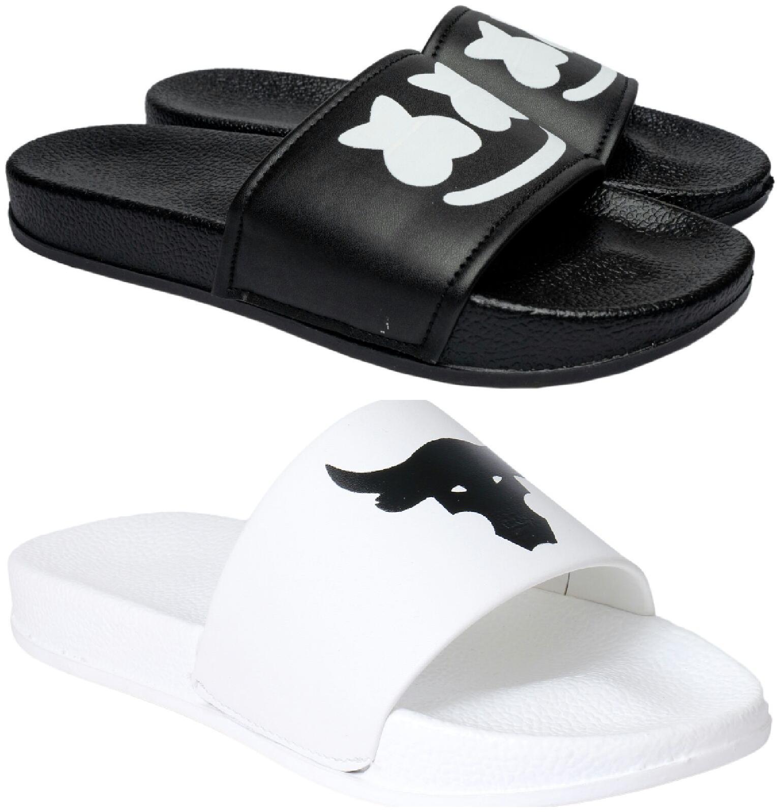 

PERY-PAO Men Black White Sliders - 2 Pair