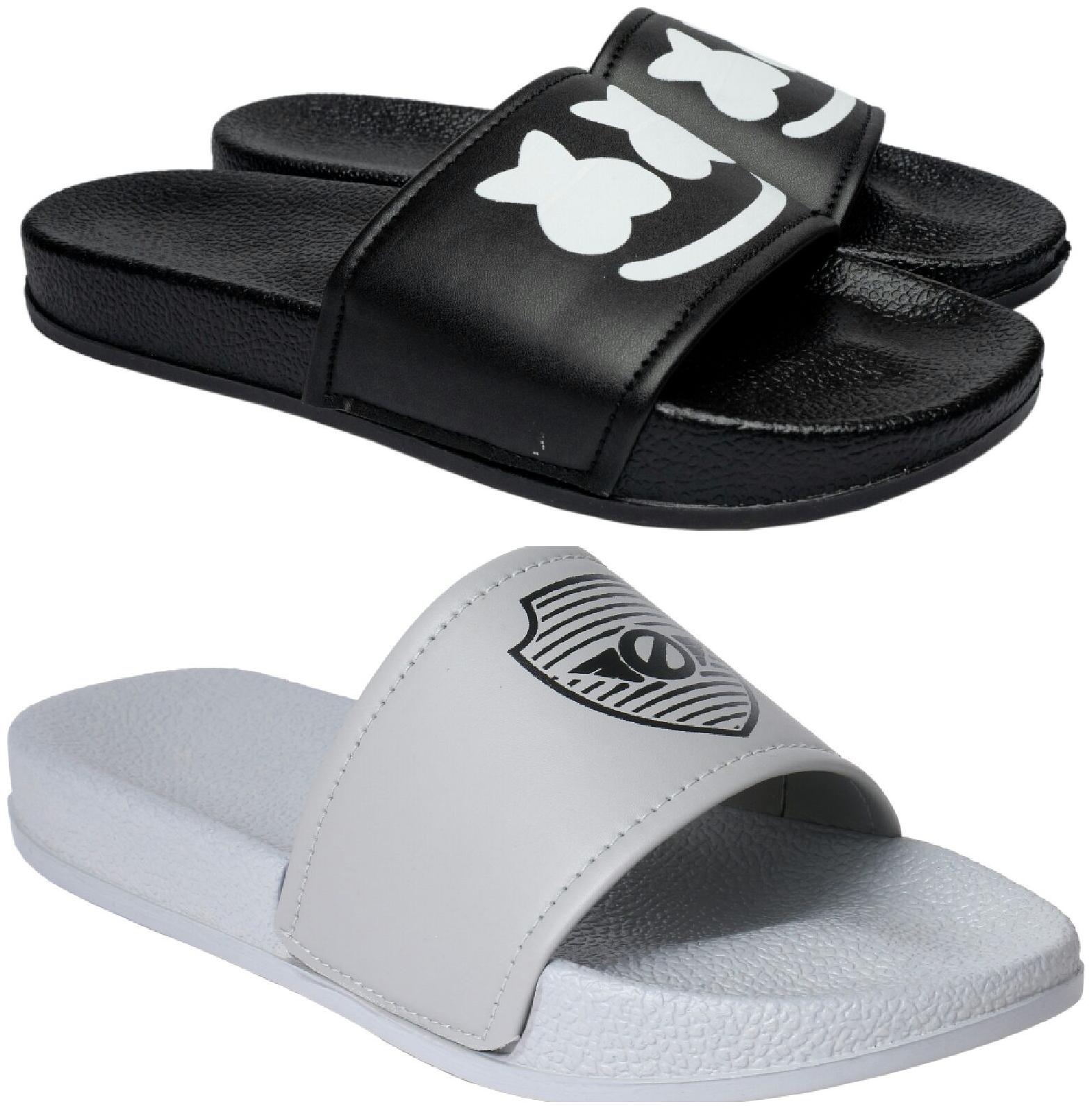 

PERY-PAO Men Black Grey Sliders - 2 Pair