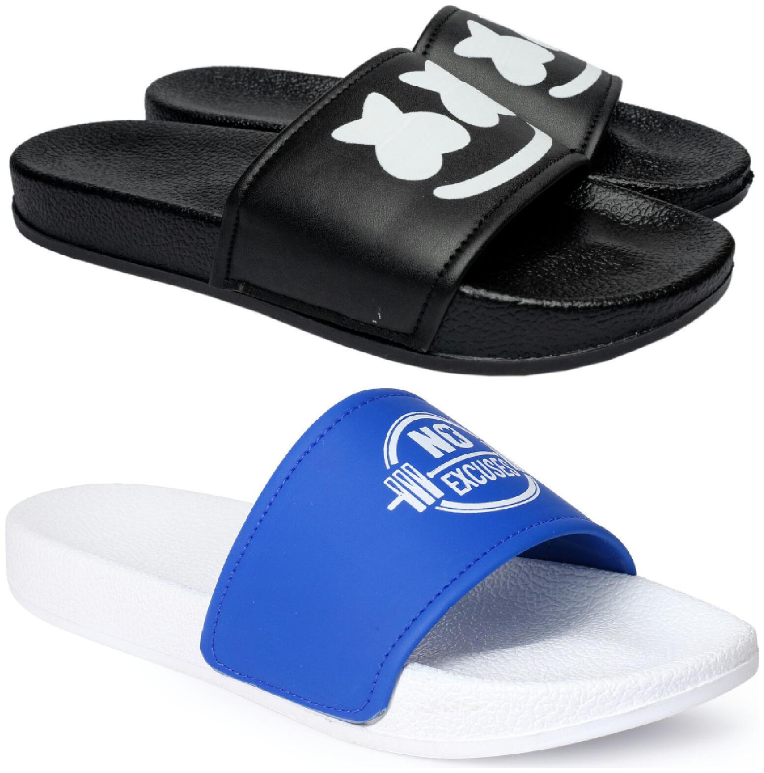 

PERY-PAO Men Black White Sliders - 2 Pair