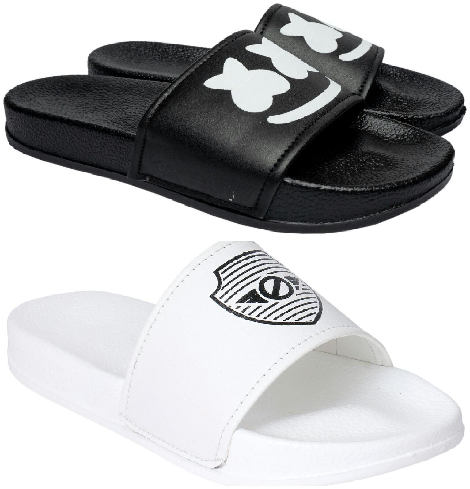

PERY-PAO Men Black White Sliders - 2 Pair