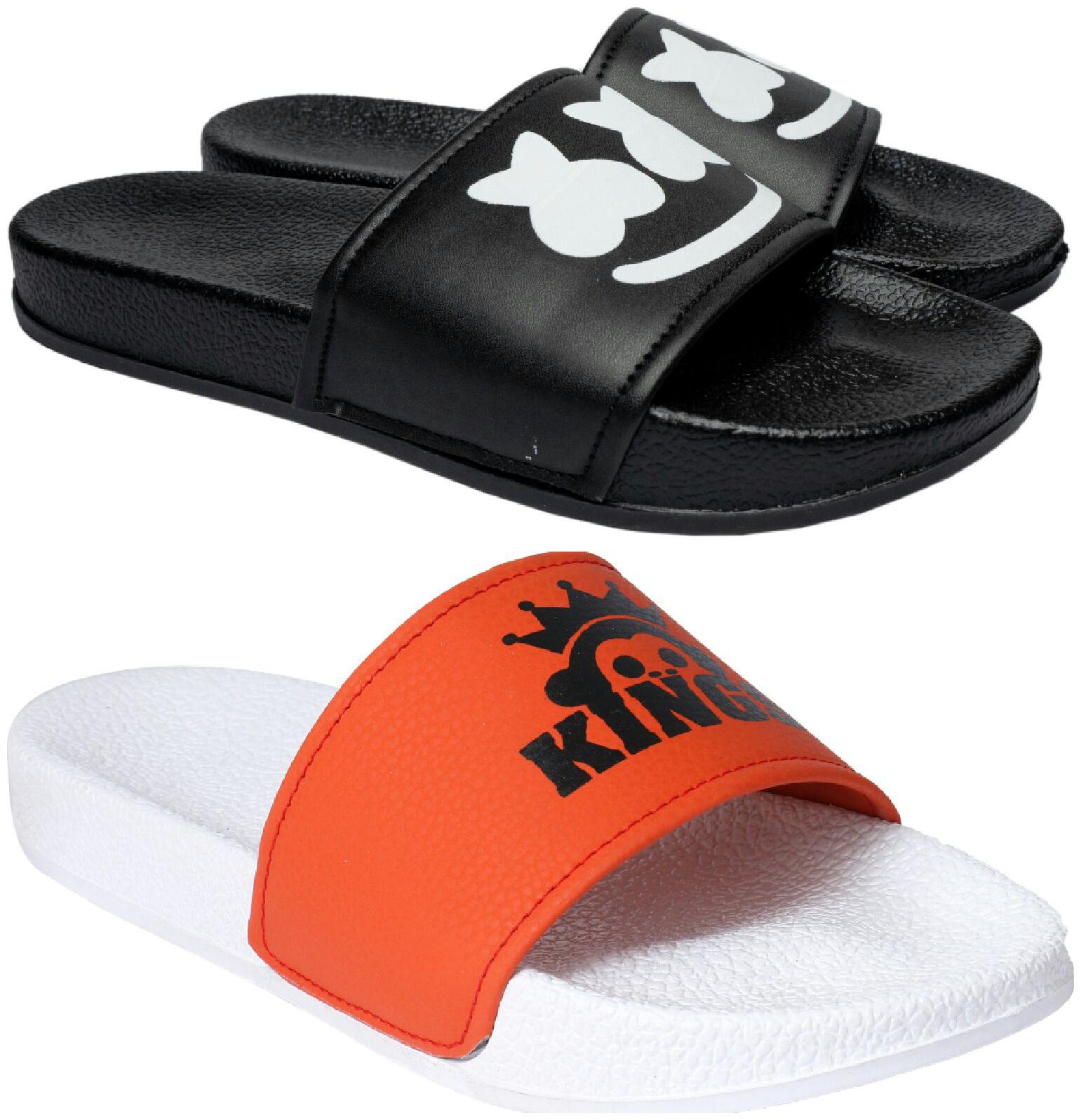 

PERY-PAO Men Black White Sliders - 2 Pair