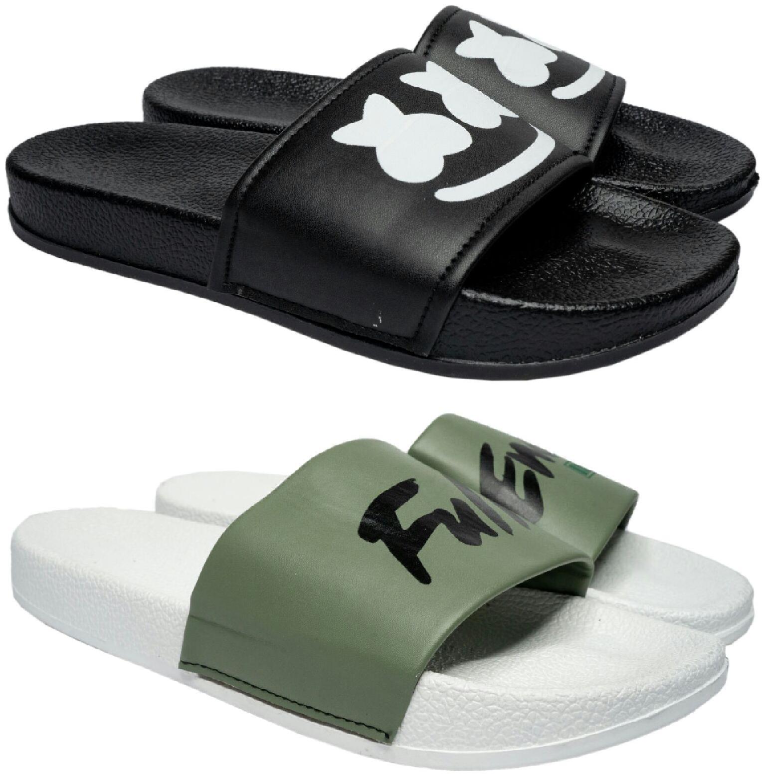 

PERY-PAO Men Black White Sliders - 2 Pair
