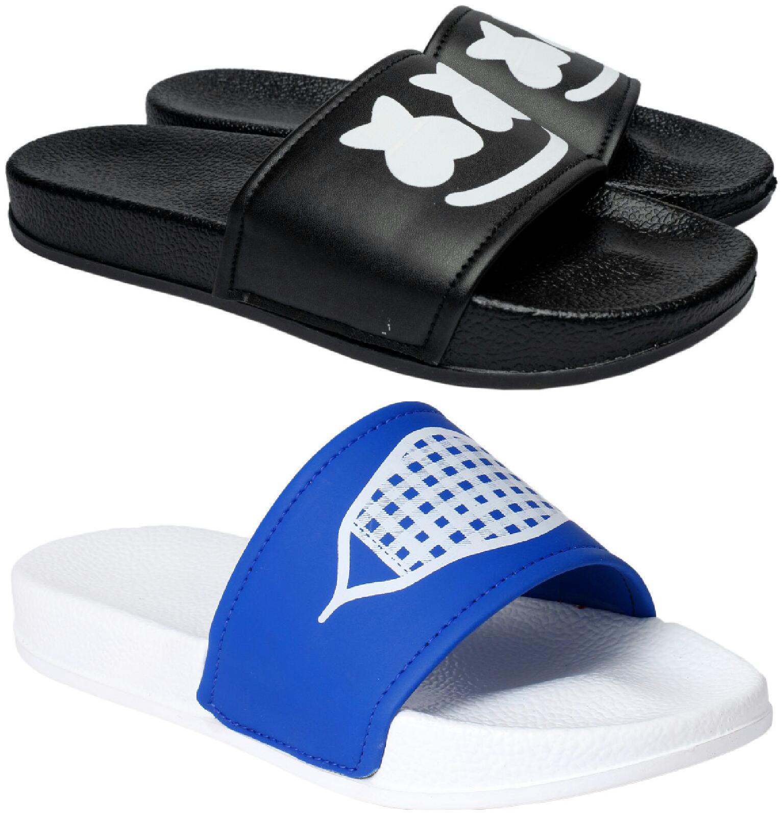 

PERY-PAO Men Black White Sliders - 2 Pair