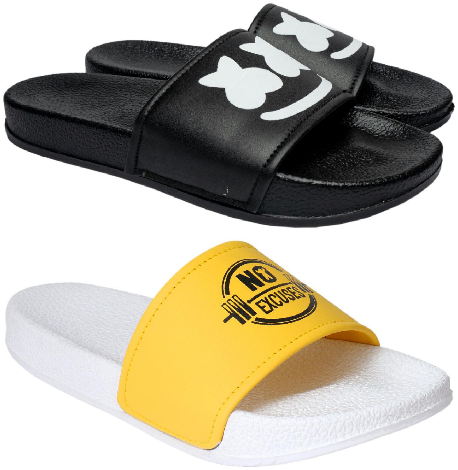 

PERY-PAO Men Black White Sliders - 2 Pair