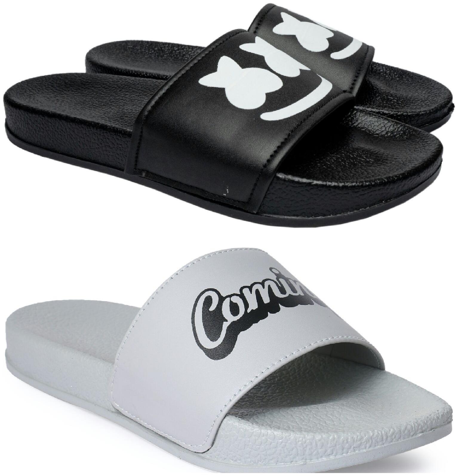 

PERY-PAO Men Black White Sliders - 2 Pair