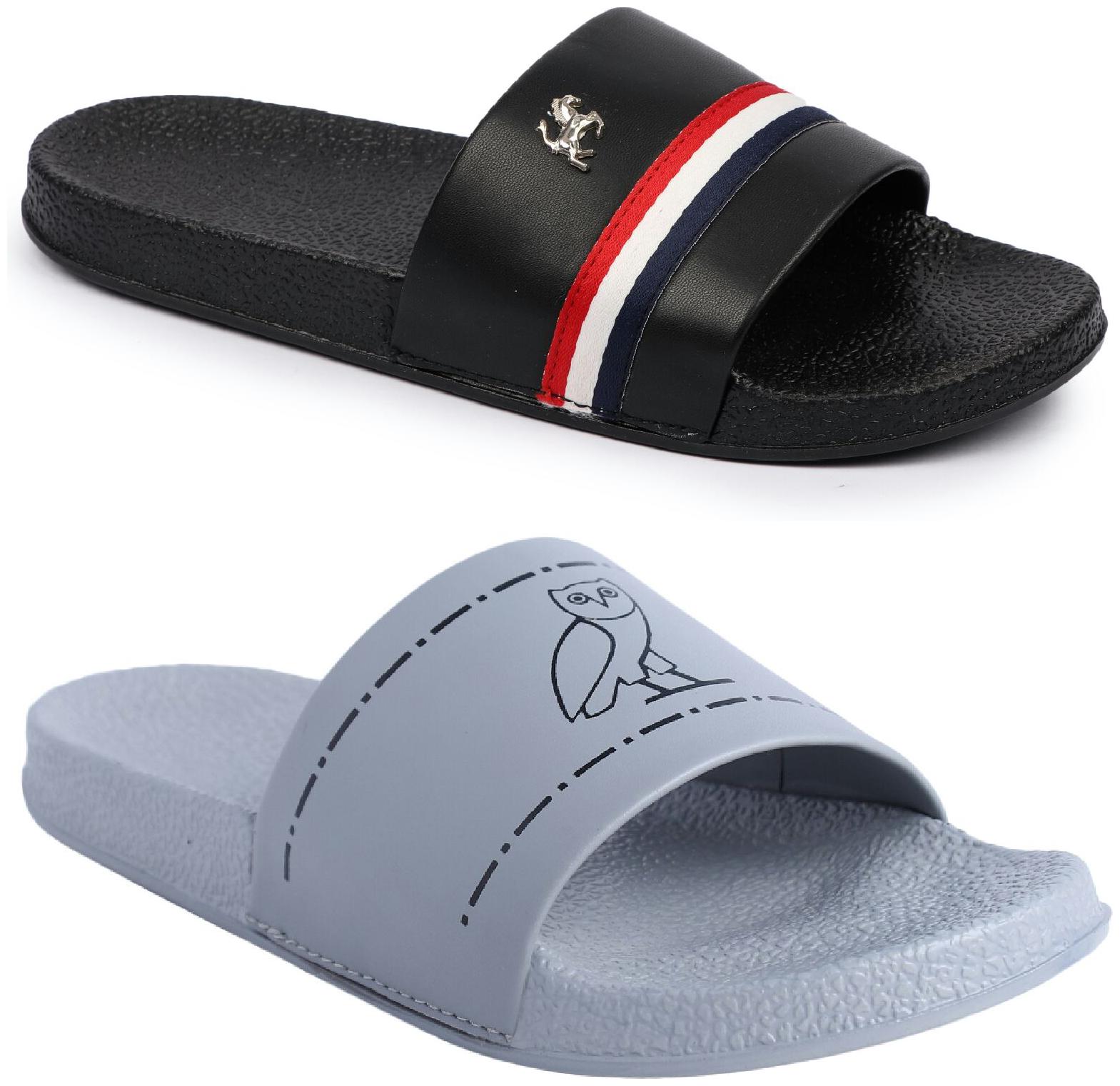 

PERY-PAO Men Black Grey Sliders - 2 Pair