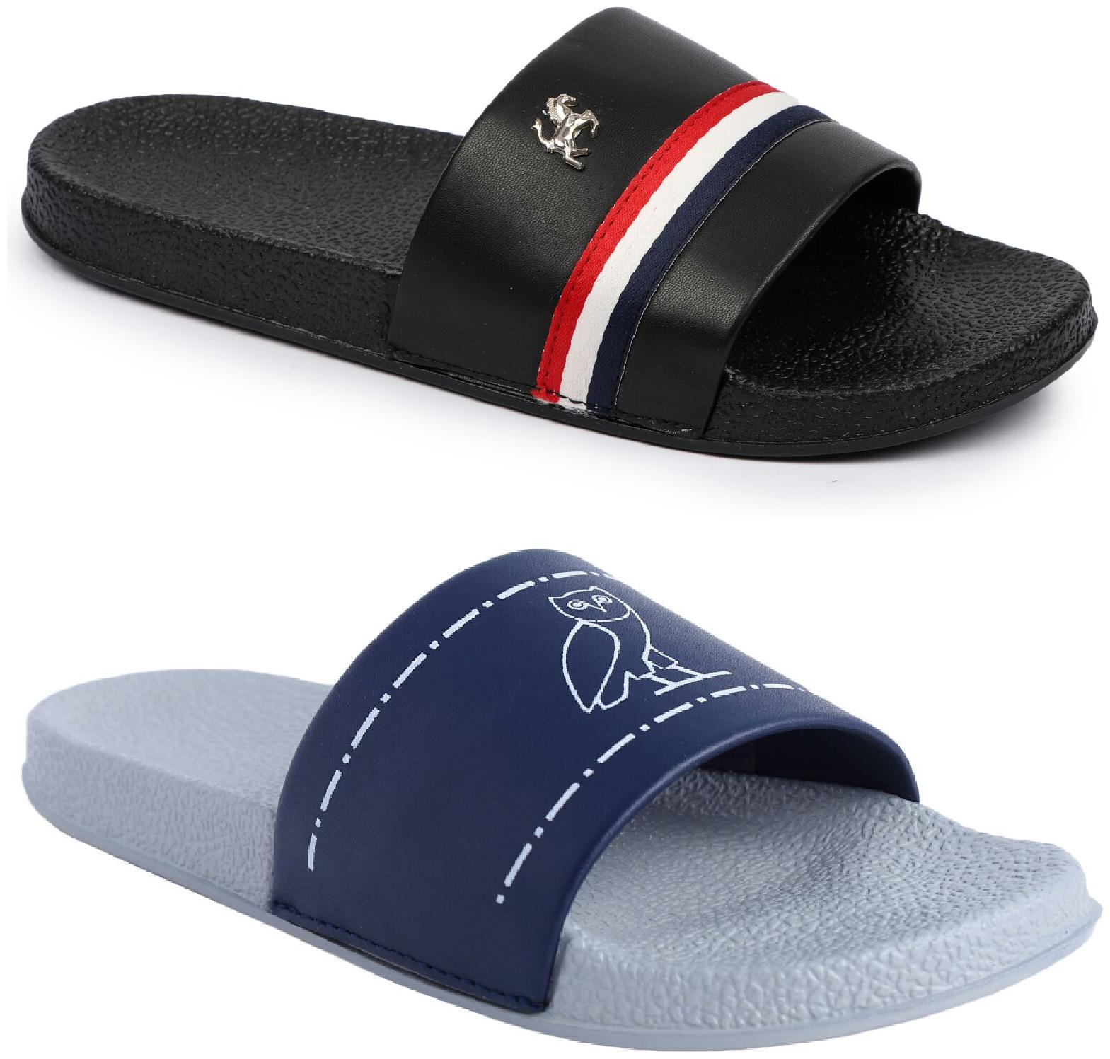 

PERY-PAO Men Black Navy Blue Sliders - 2 Pair