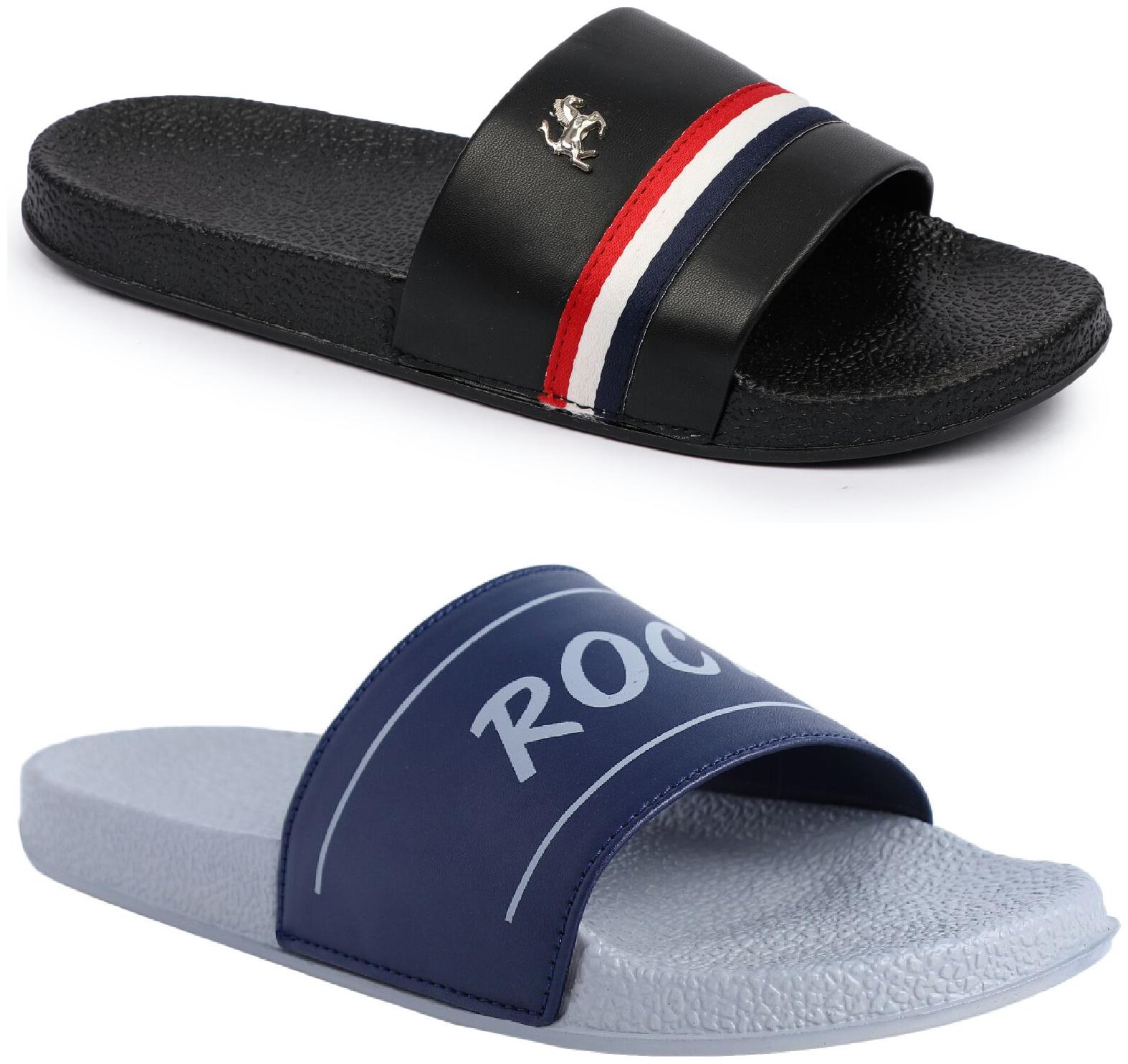 

PERY-PAO Men Black Navy Blue Sliders - 2 Pair