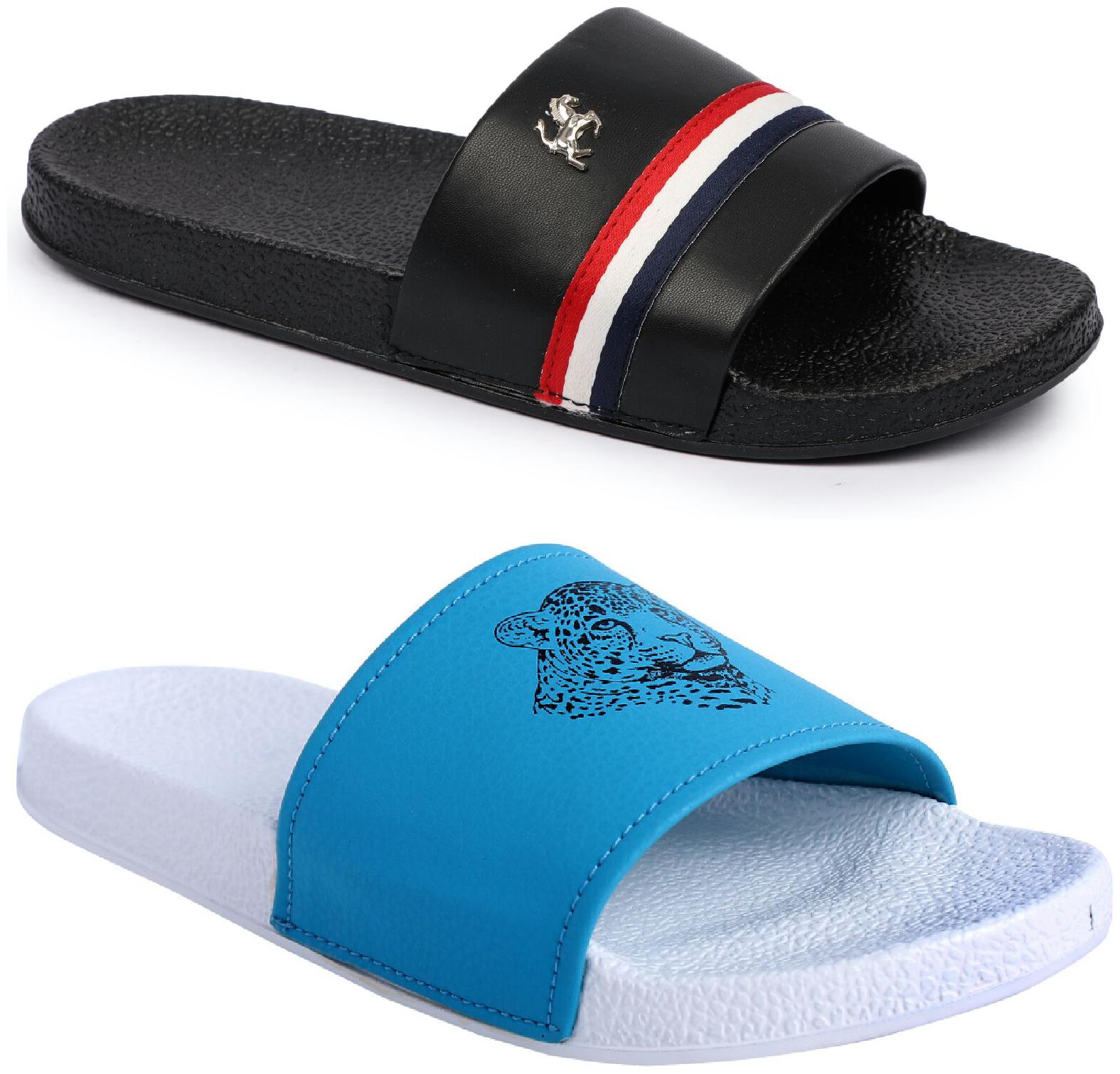 

PERY-PAO Men Black Blue Sliders - 2 Pair