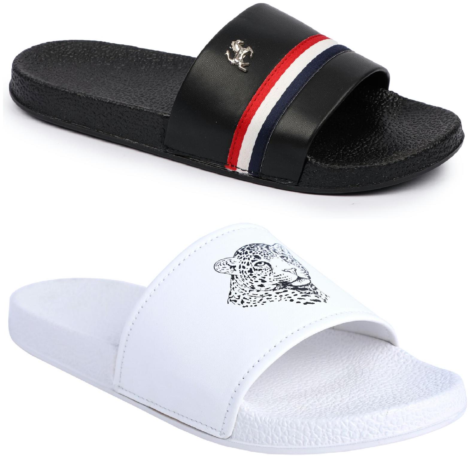 

PERY-PAO Men Black White Sliders - 2 Pair