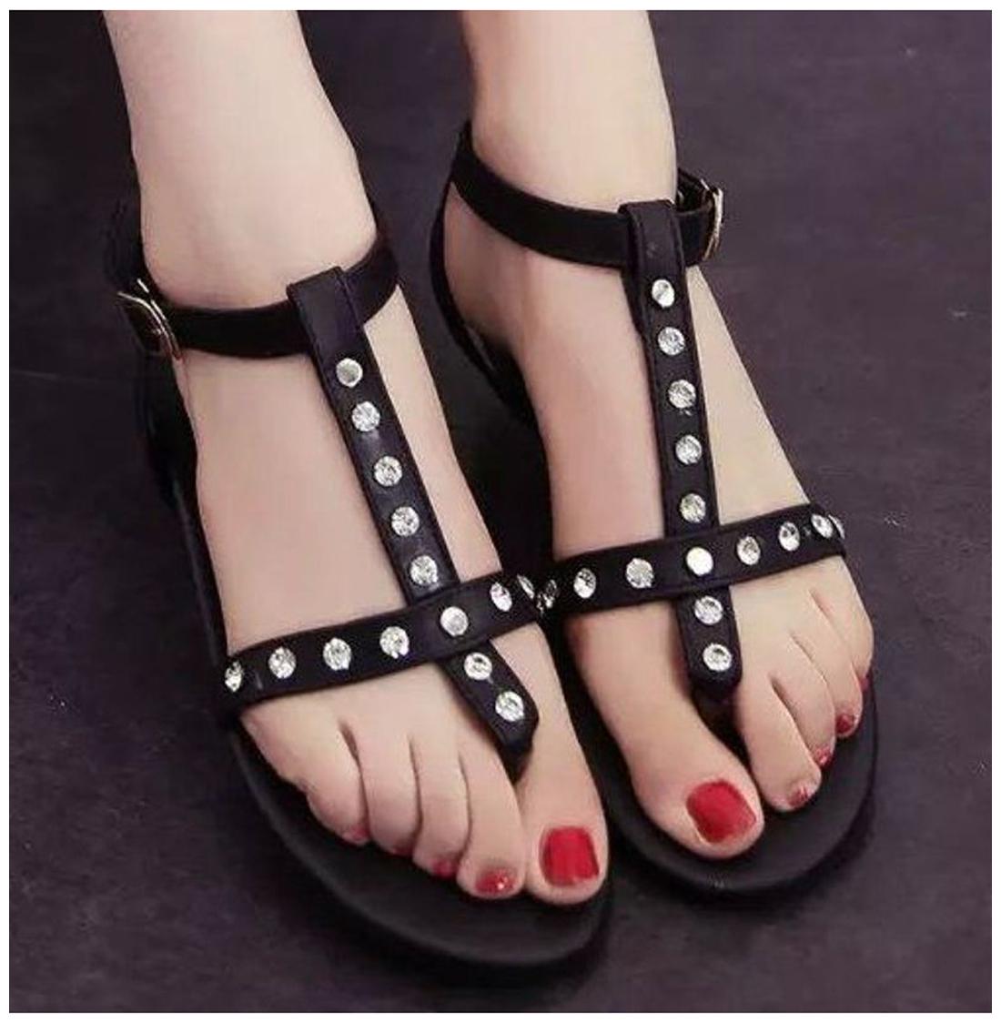 

PKKART Women Black T-Strap Flats