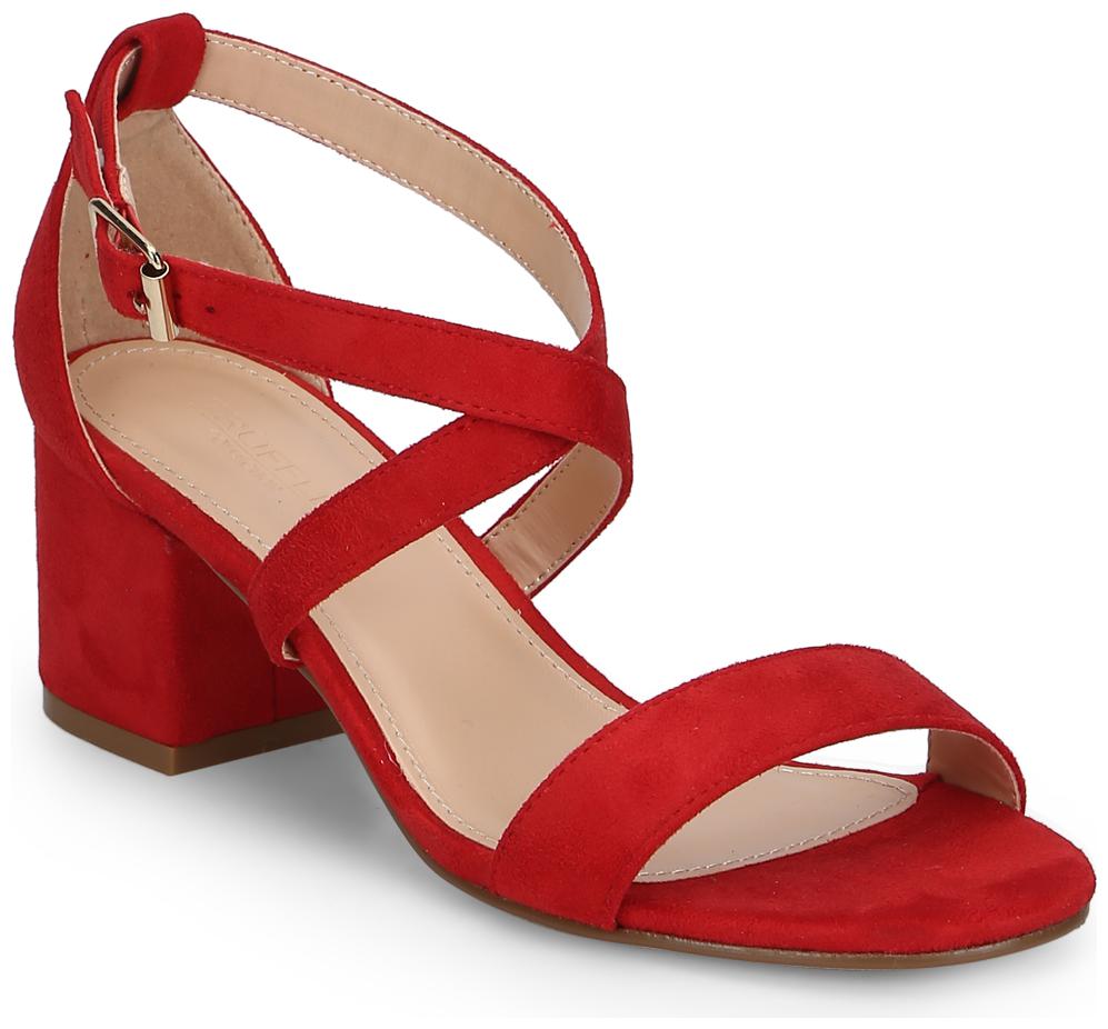 

Red Micro Crossover Strap Low Block Heels