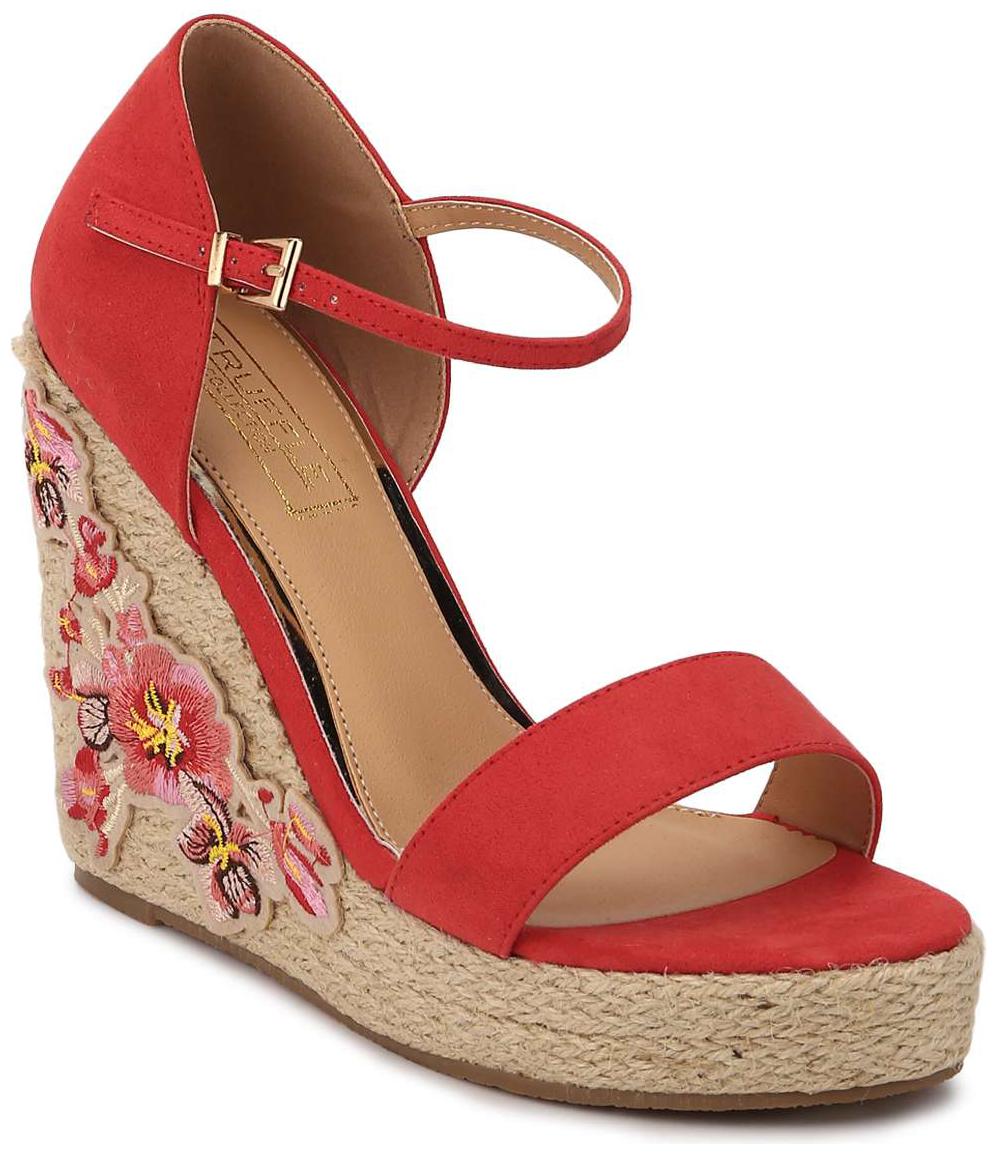

Truffle Collection Red Micro Embroidred Ankle Strap Wedges
