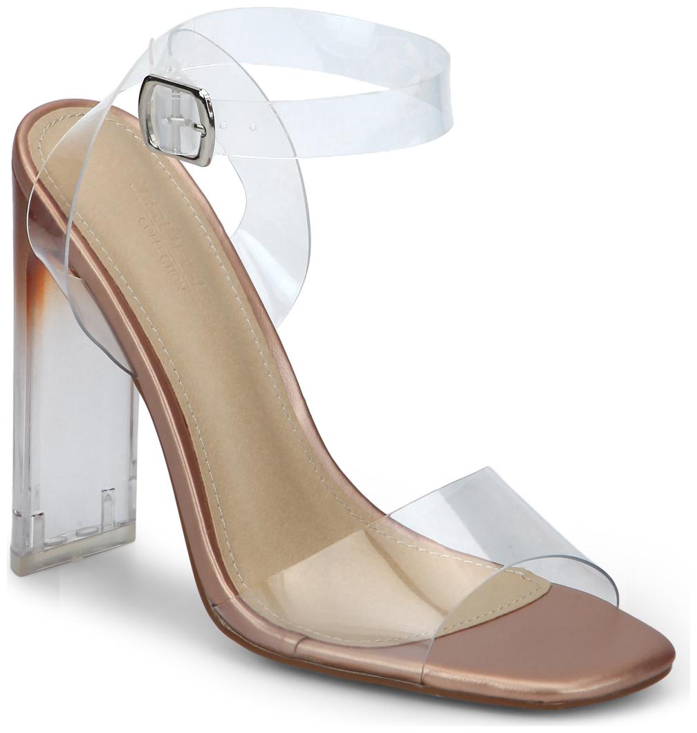 

Rose Gold Clear Ankle Strap Slim Block Heels