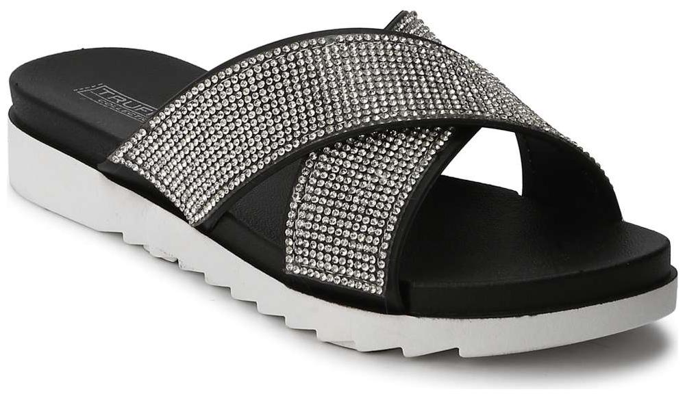 

Truffle Collection Silver Black Diamante Crossover Slip-On Flats