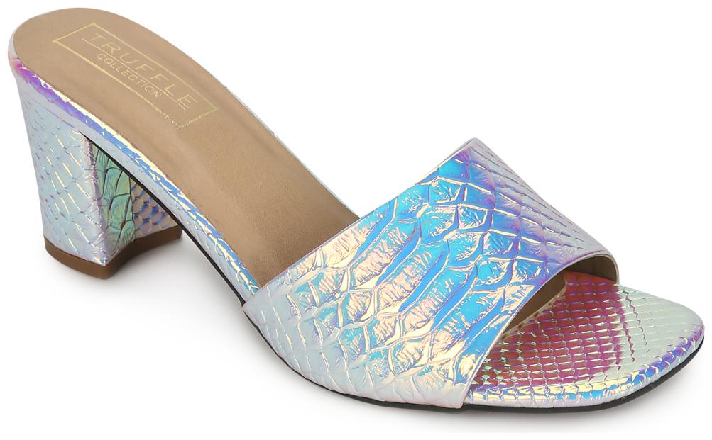 

Truffle Collection Silver PU Holographic Snake Pattern Mules