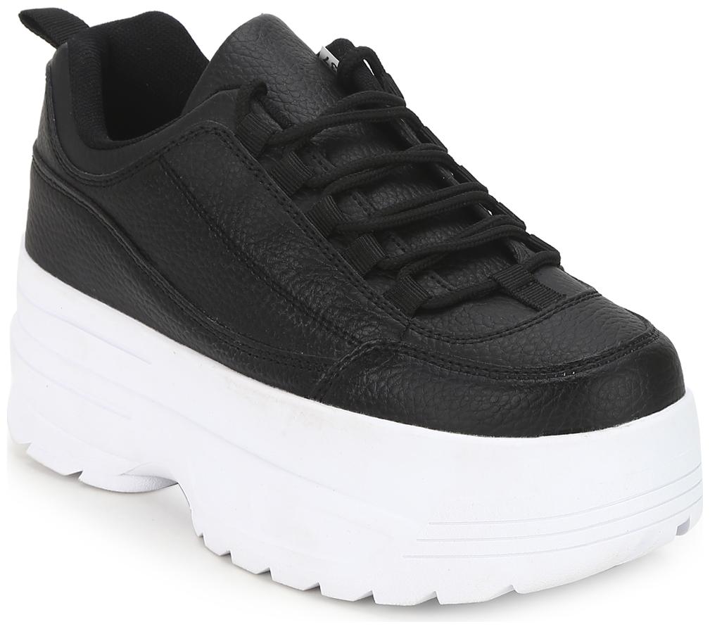 

Truffle Collection Black PU Cleated Bottom Flatform Lace-Up Sneakers